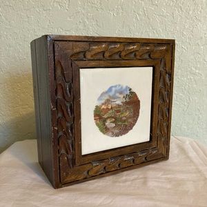 Vintage Hand Carved Wood Box Floral Design Tile inset velvet lined Jewlery Box